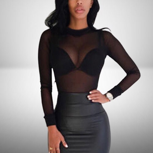 Y2K Sheer Mesh Long Sleeve Mock Neck Gothic Top