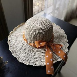 Y2K Shining Polka-Dot Bow Ribbon Big Brim Straw Hat