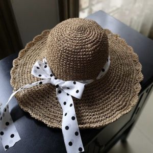 Y2K Shining Polka-Dot Bow Ribbon Big Brim Straw Hat