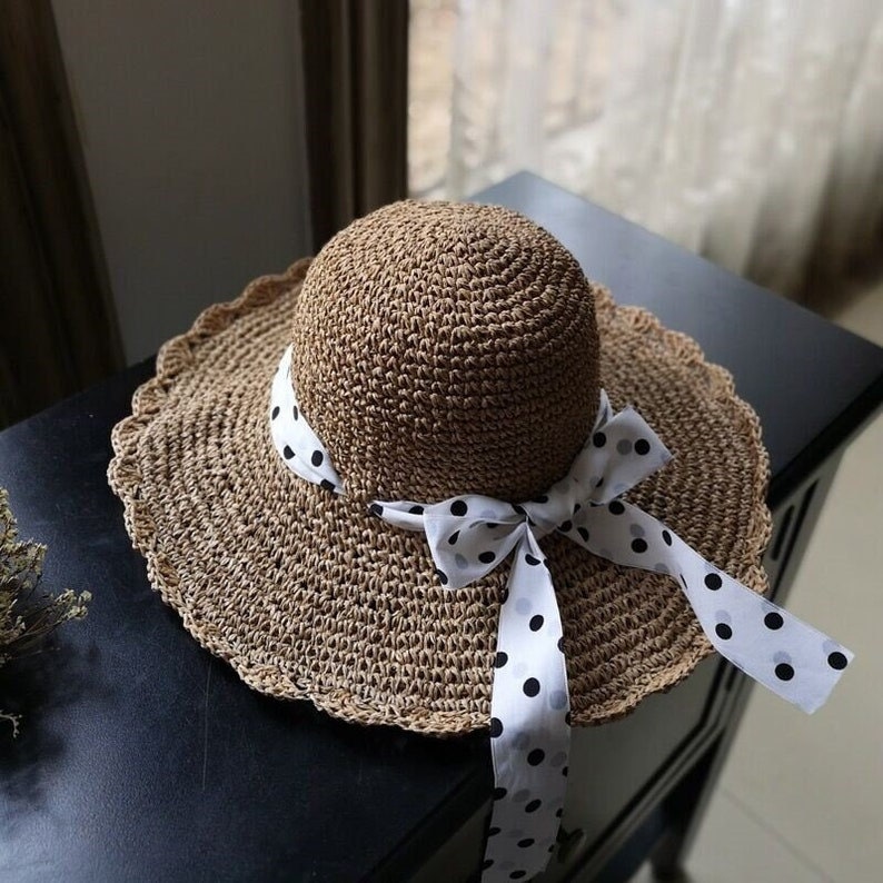 Y2K Shining Polka-Dot Bow Ribbon Big Brim Straw Hat