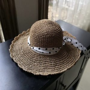 Y2K Shining Polka-Dot Bow Ribbon Big Brim Straw Hat