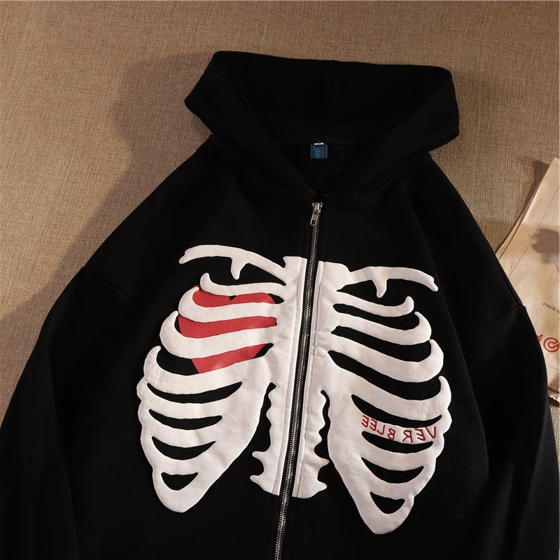 Y2K Skeleton Hoodie - Trendy Unisex Zip-Up Sweatshirt