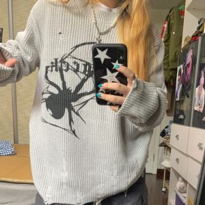 Y2K Spider Print Sweater for Women