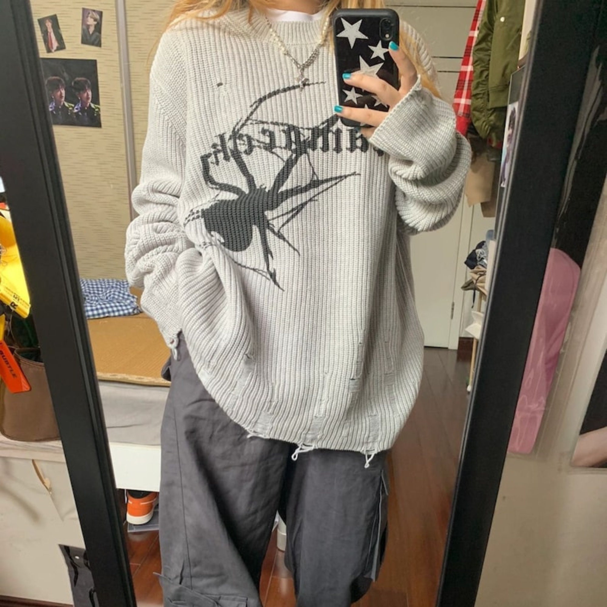 Y2K Spider Print Sweater for Women