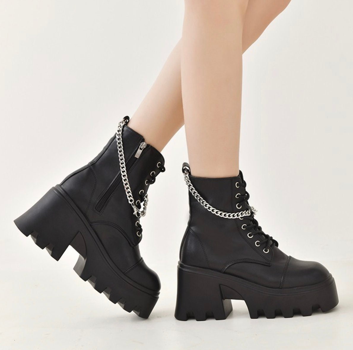 Y2K Square Heel Boots with Thick Soles - Black Faux Leather Ankle Boot