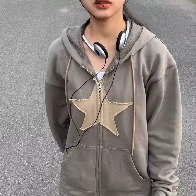 Y2K Star Patch Double Zip Hoodie