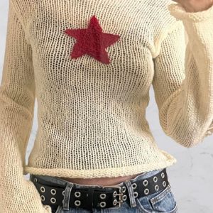 Y2K Star Patchwork Grunge Knitted Long Sleeve Top