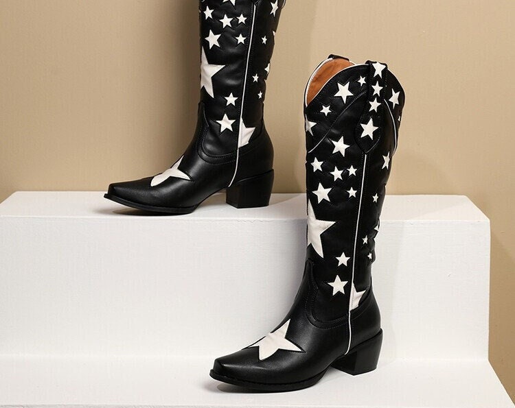 Y2K Star Pattern Cowboy Boots - Unisex Retro Western Style
