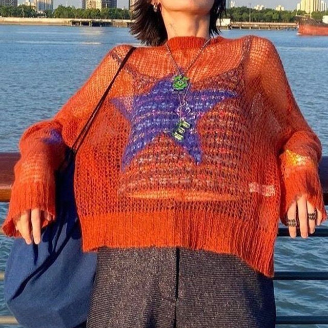 Y2K Star Print Knitted Crochet Jumper