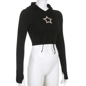 Y2K Star Print Long Sleeve Crop Top Hoodie