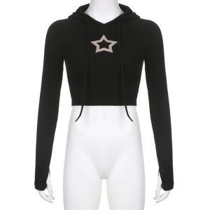 Y2K Star Print Long Sleeve Crop Top Hoodie