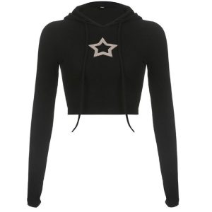 Y2K Star Print Long Sleeve Crop Top Hoodie