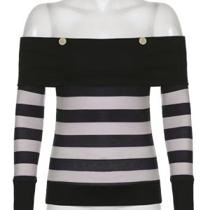 Y2K Striped Bardot Off Shoulder Jumper