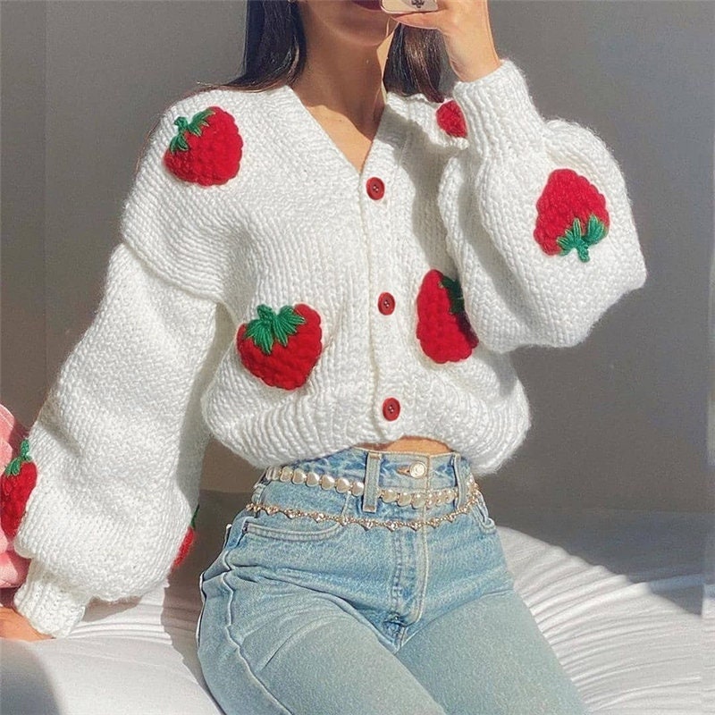 Y2K Style Strawberry Embroidery Knitted Cardigan