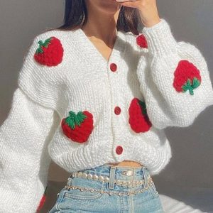 Y2K Style Strawberry Embroidery Knitted Cardigan