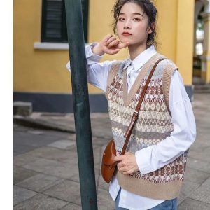 Y2K Style V-neck Knitted Sweater Vest for Women
