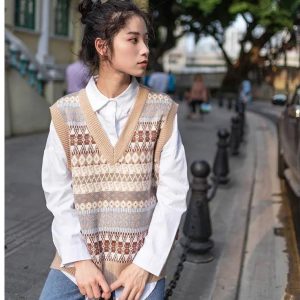 Y2K Style V-neck Knitted Sweater Vest for Women
