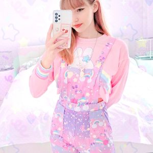 Y2K Sugar Bunny Pastel Cloud Rainbow Short Overalls