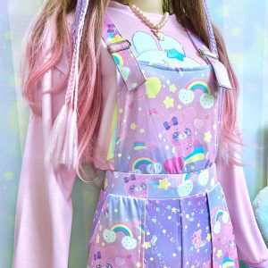 Y2K Sugar Bunny Pastel Cloud Rainbow Short Overalls