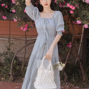 Y2K Tiered Cotton Maxi Dress with Sleeves