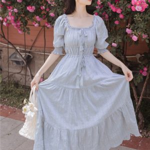 Y2K Tiered Cotton Maxi Dress with Sleeves