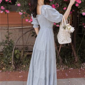 Y2K Tiered Cotton Maxi Dress with Sleeves