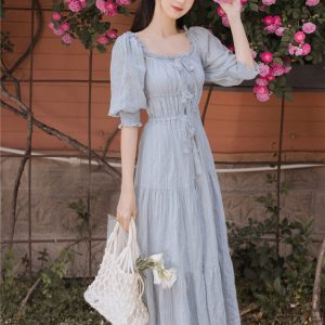 Y2K Tiered Cotton Maxi Dress with Sleeves