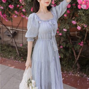 Y2K Tiered Cotton Maxi Dress with Sleeves