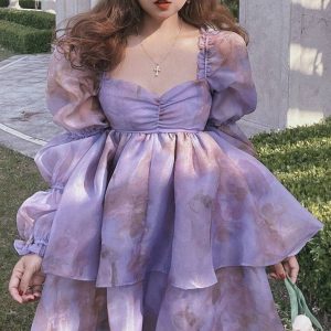 Y2K Tulle Princess Cocktail Dress with Puff Sleeves