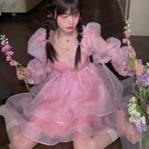 Y2K Tulle Princess Fairy Dress with Puff Sleeves