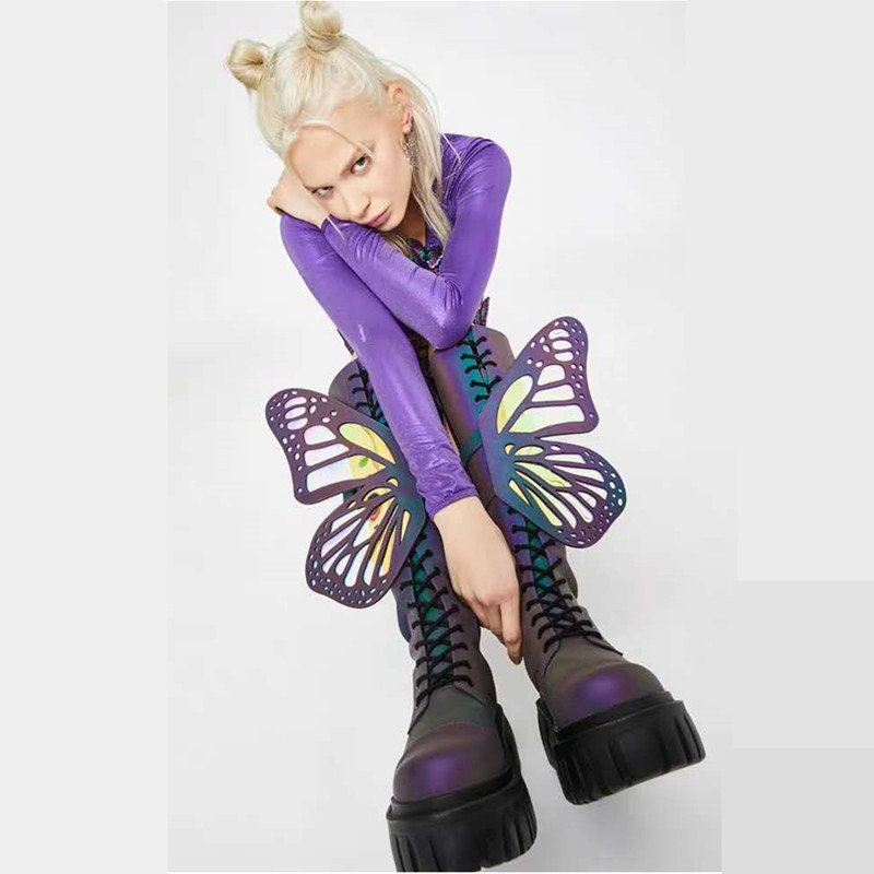 Y2K Unisex Butterfly Wings Combat Boot - Pink Sparkly Party Costume