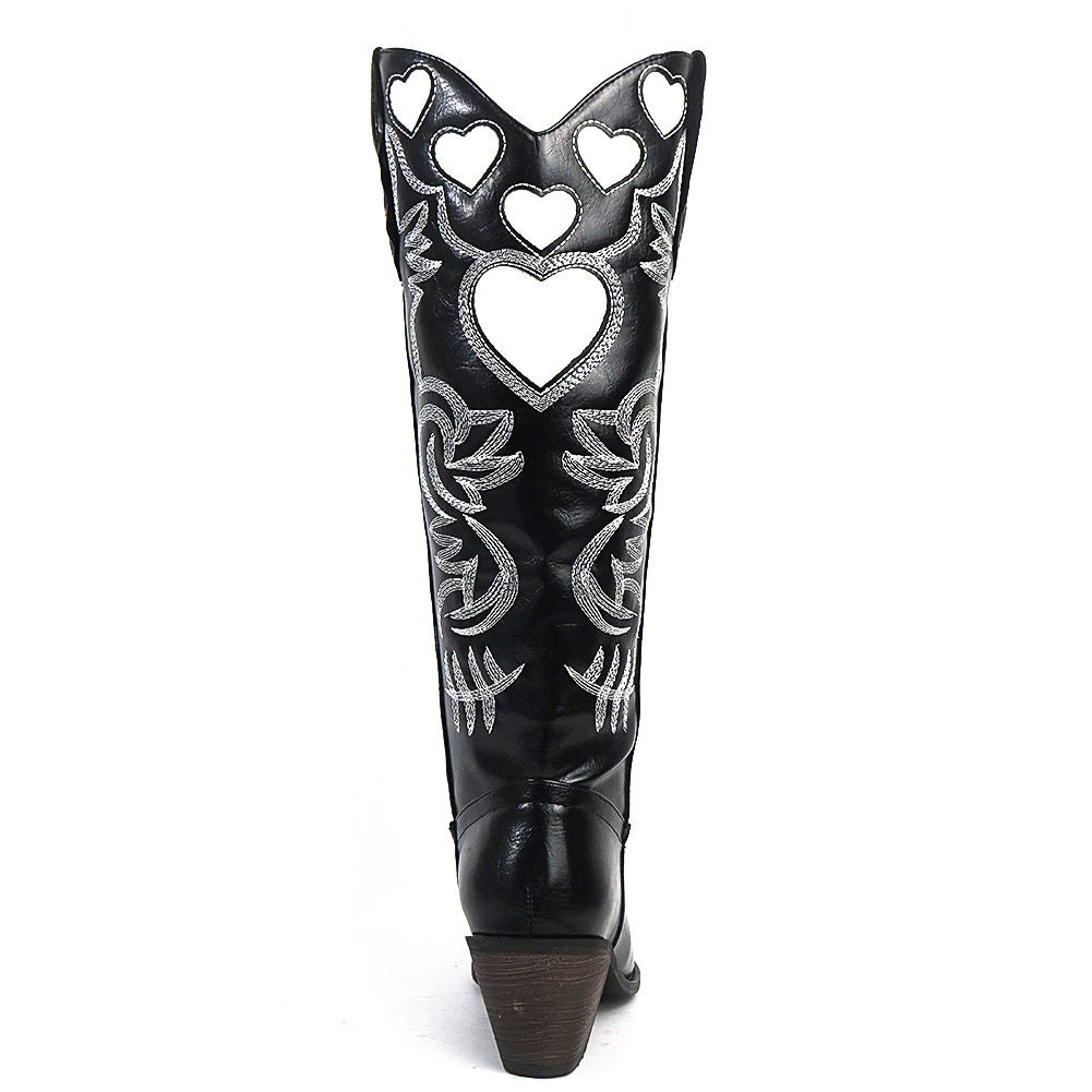 Y2K Unisex Heart Cowboy Boots - Black, Squared Heels, Long Pointed Toe
