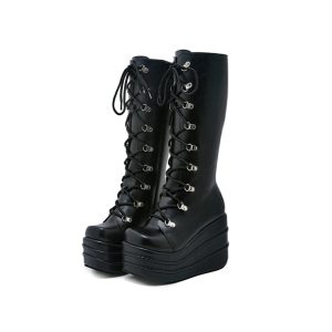 Y2K Unisex Punk Boots - Black Emo Wedge High Heel Gothic Demoni Platform