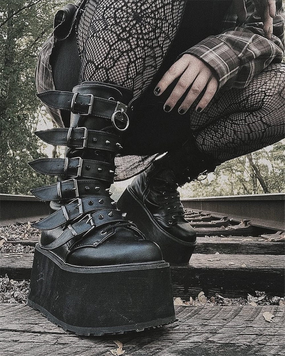 Y2K Unisex Punk Boots - Black Emo Wedge High Heel Shoes