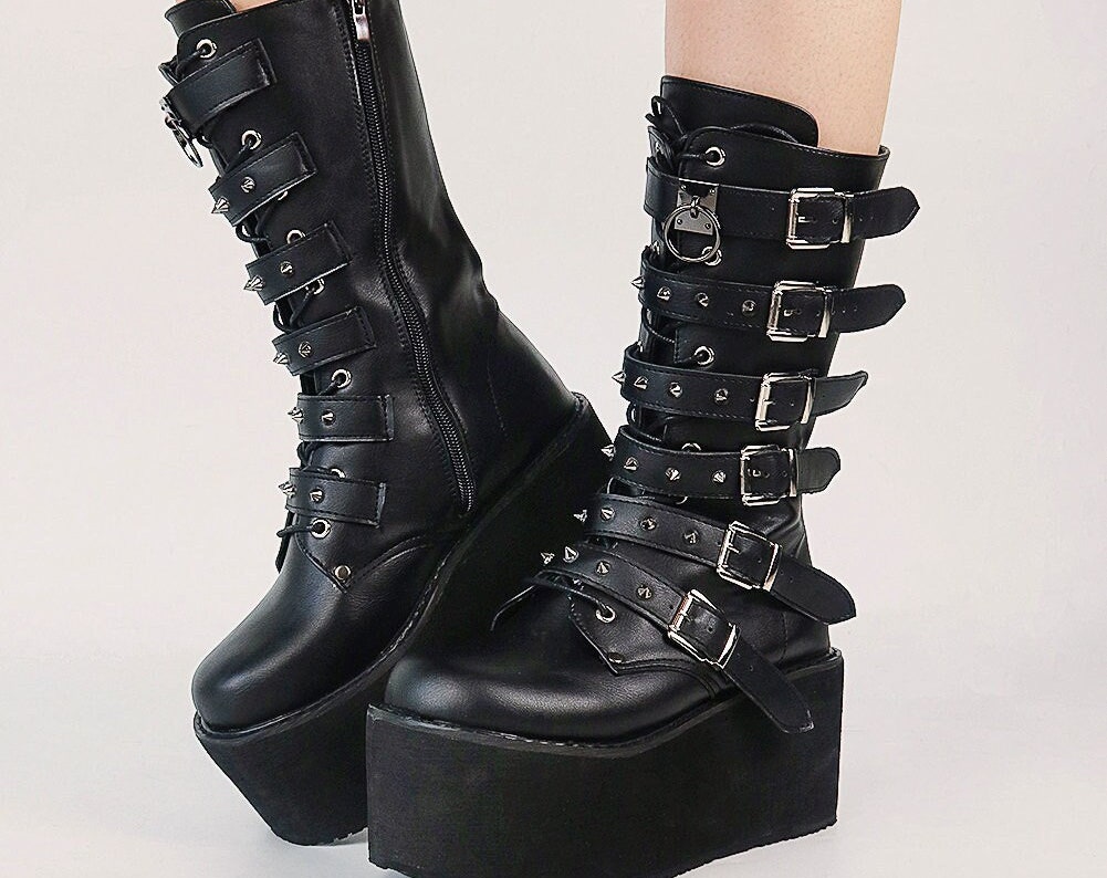 Y2K Unisex Punk Boots - Black Emo Wedge High Heel Shoes