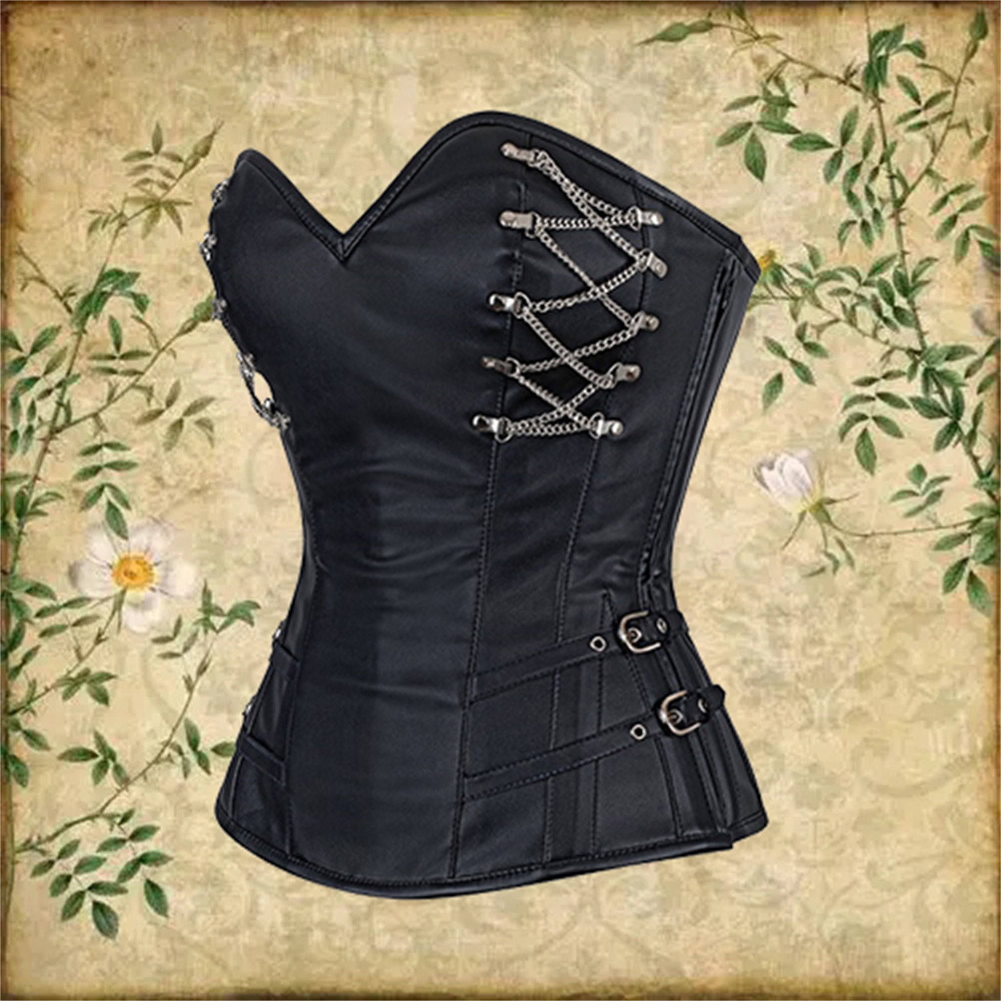 Y2K Vintage Black Leather Corset with Steel Boning and Chain Detail