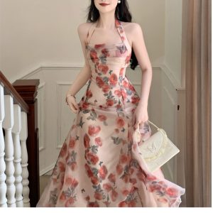 Y2K Vintage Chiffon Floral Dress - Retro Style for a Timeless Look