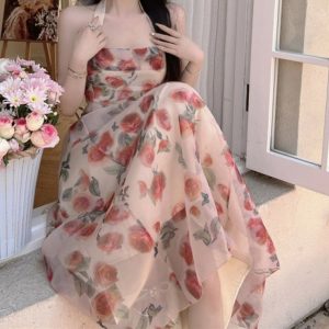Y2K Vintage Chiffon Floral Dress - Retro Style for a Timeless Look