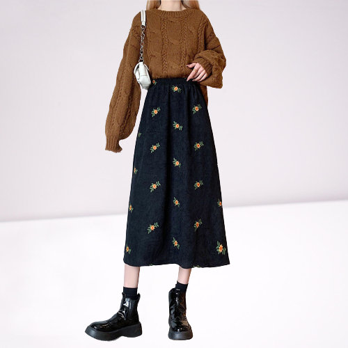 Y2K Vintage Corduroy Daisy Midi Plus Size Skirt