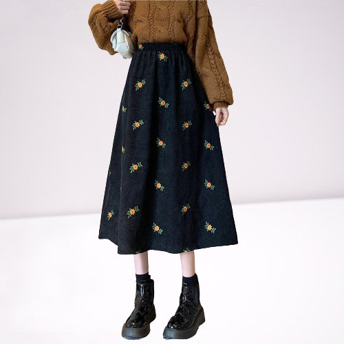 Y2K Vintage Corduroy Daisy Midi Plus Size Skirt