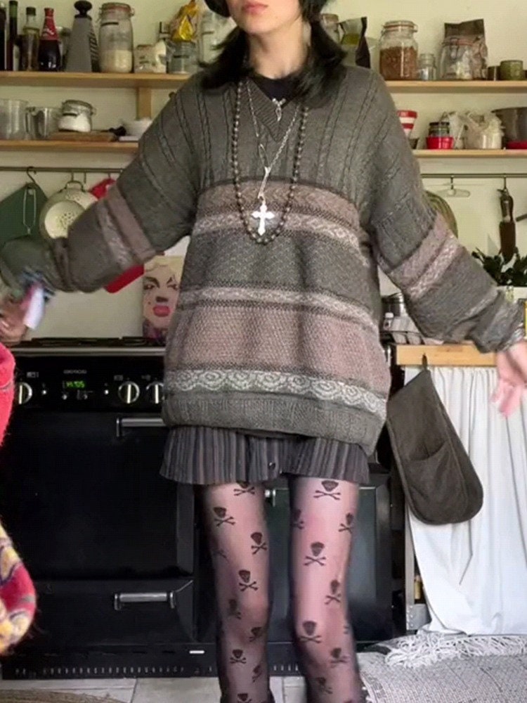 Y2K Vintage Fairycore Grunge Knit Sweater with Striped Print