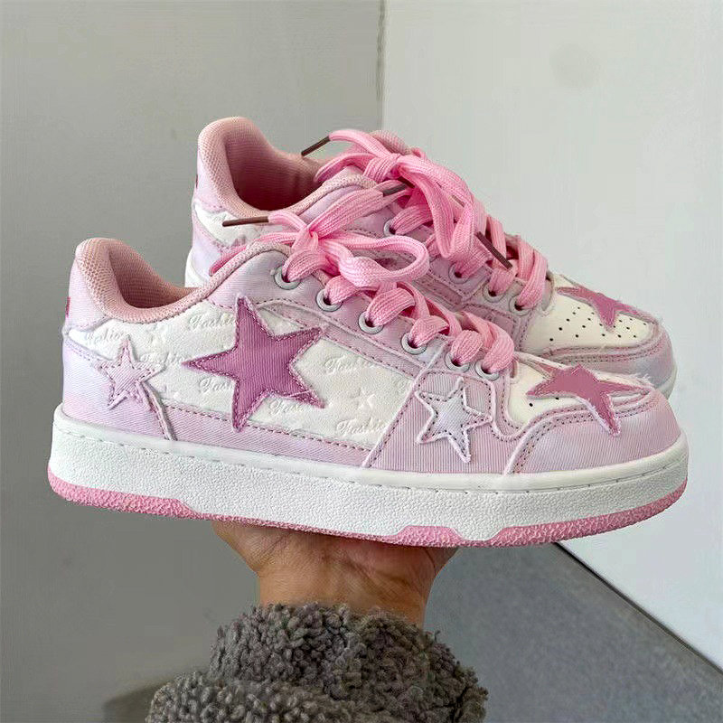 Y2K White Denim Sneakers - Unisex Casual Skate Shoes with Stars and Lace-Up