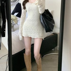 Y2K White Knitted Hollow Long Sleeve Dress