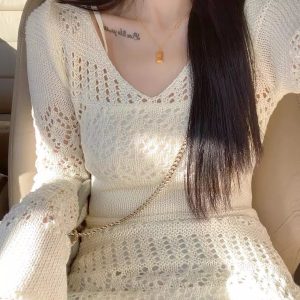 Y2K White Knitted Hollow Long Sleeve Dress