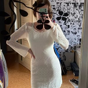 Y2K White Knitted Hollow Long Sleeve Dress