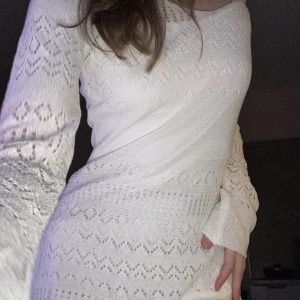 Y2K White Knitted Hollow Long Sleeve Dress