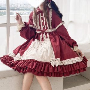 Y2K Winered Lolita Dress with Bowknot and Ruffle