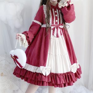 Y2K Winered Lolita Dress with Bowknot and Ruffle