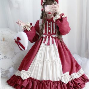 Y2K Winered Lolita Dress with Bowknot and Ruffle