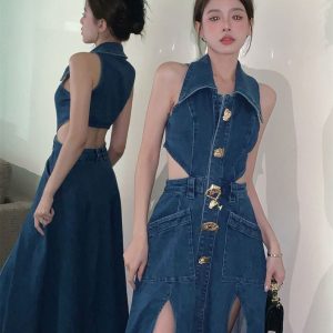 Y2K Women's Denim Shirt Dress with Hollowed Out Waist